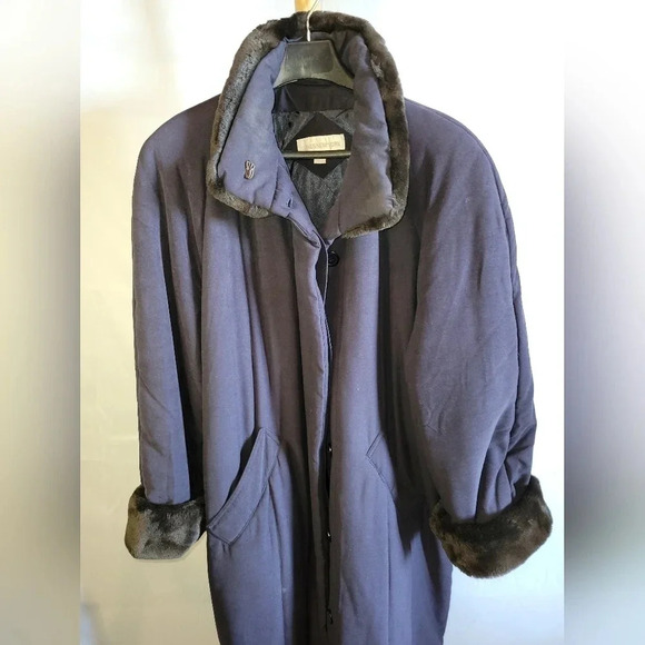 Vintage Womens Jones New York Long  Warm Winter Coat Navy Blue Medium - Picture 9 of 11